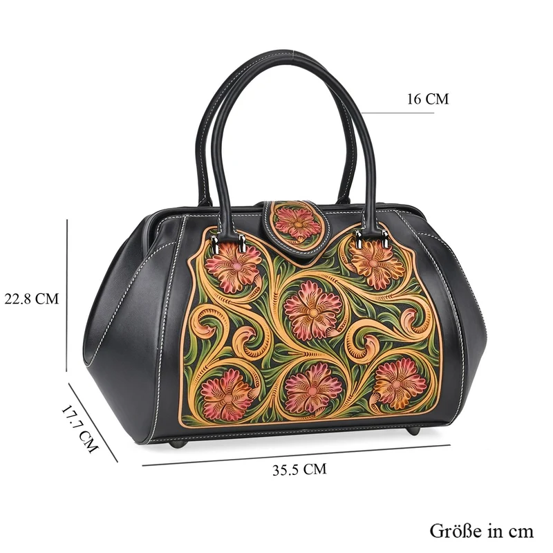 GRAND PELLE Elite Kollektion - Exklusive Handgravierte Lederhandtasche mit Floralem Meisterwerk, Größe 36 x 23 x 18 cm, grün