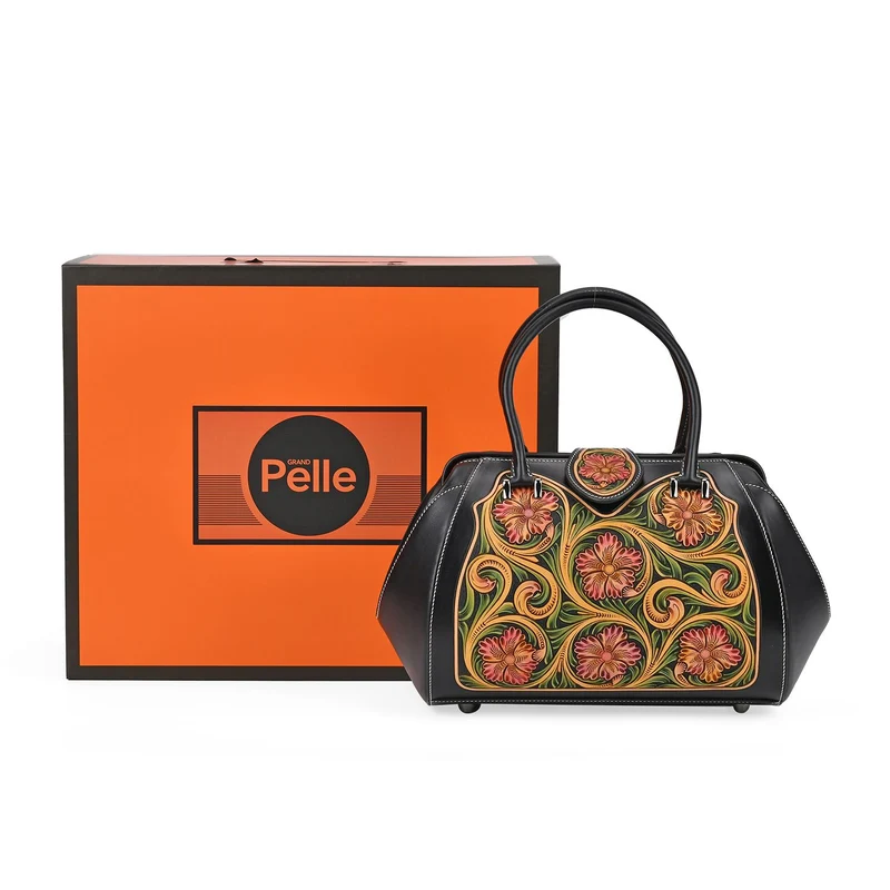 GRAND PELLE Elite Kollektion - Exklusive Handgravierte Lederhandtasche mit Floralem Meisterwerk, Größe 36 x 23 x 18 cm, grün