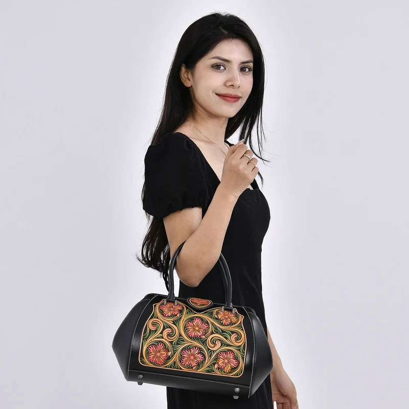 GRAND PELLE Elite Kollektion - Exklusive Handgravierte Lederhandtasche mit Floralem Meisterwerk, Größe 36 x 23 x 18 cm, grün