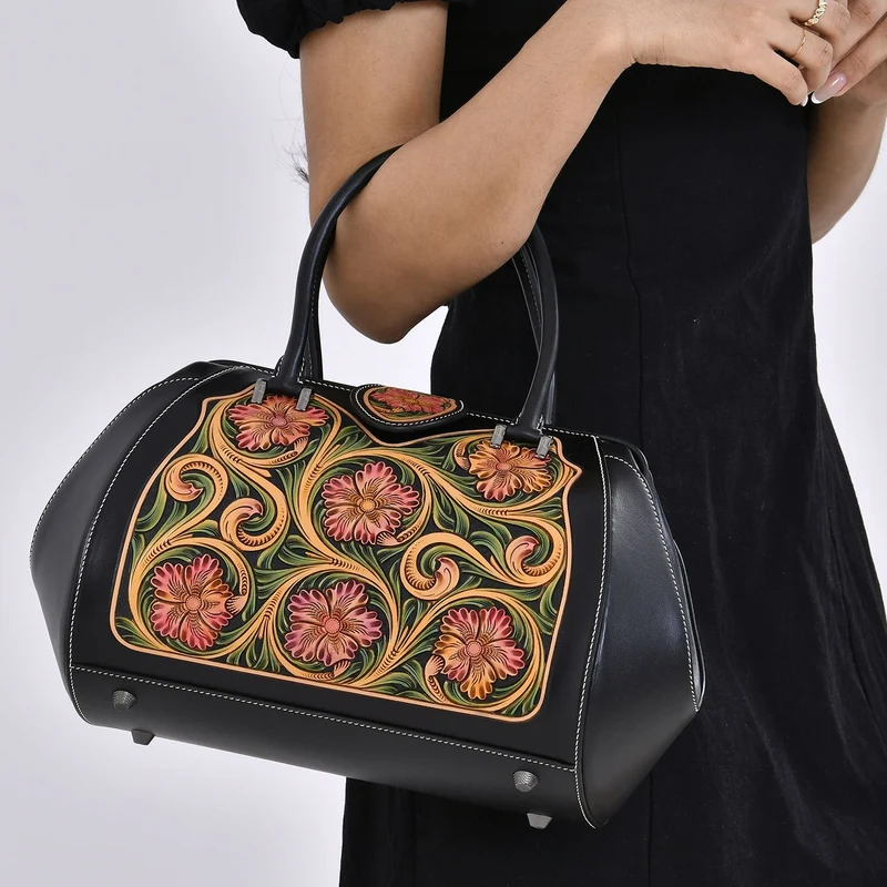 GRAND PELLE Elite Kollektion - Exklusive Handgravierte Lederhandtasche mit Floralem Meisterwerk, Größe 36 x 23 x 18 cm, grün
