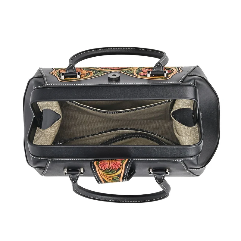 GRAND PELLE Elite Kollektion - Exklusive Handgravierte Lederhandtasche mit Floralem Meisterwerk, Größe 36 x 23 x 18 cm, grün