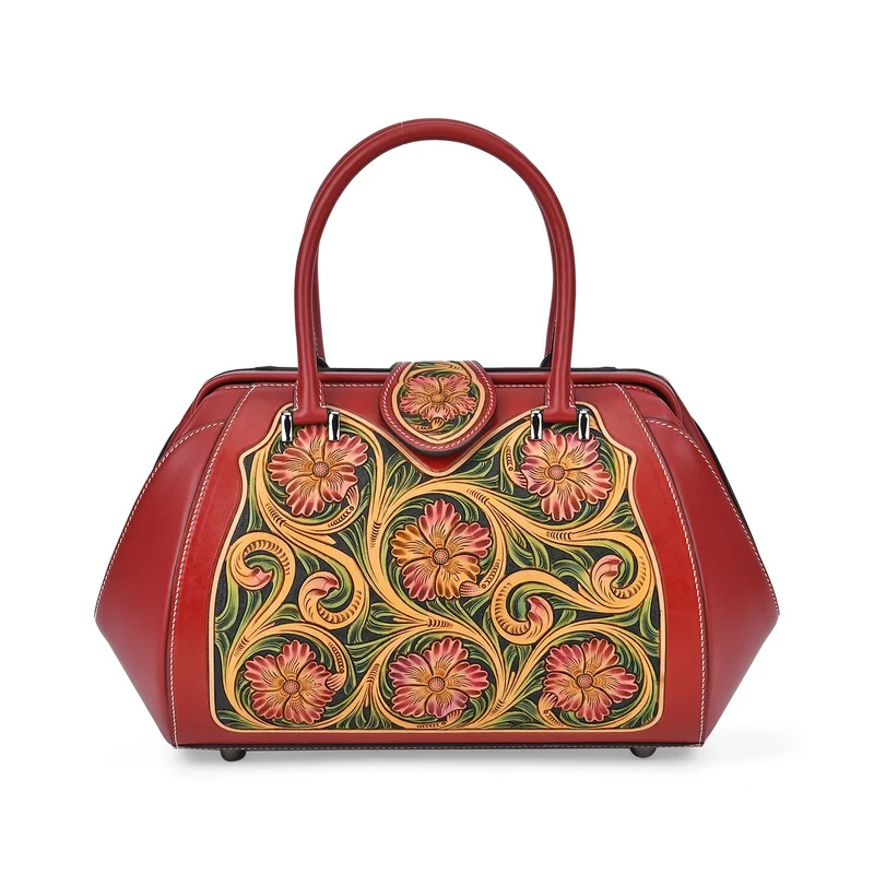 GRAND PELLE Elite Kollektion - Exklusive Handgravierte Lederhandtasche mit Floralem Meisterwerk, Größe 36 x 23 x 18 cm, grün