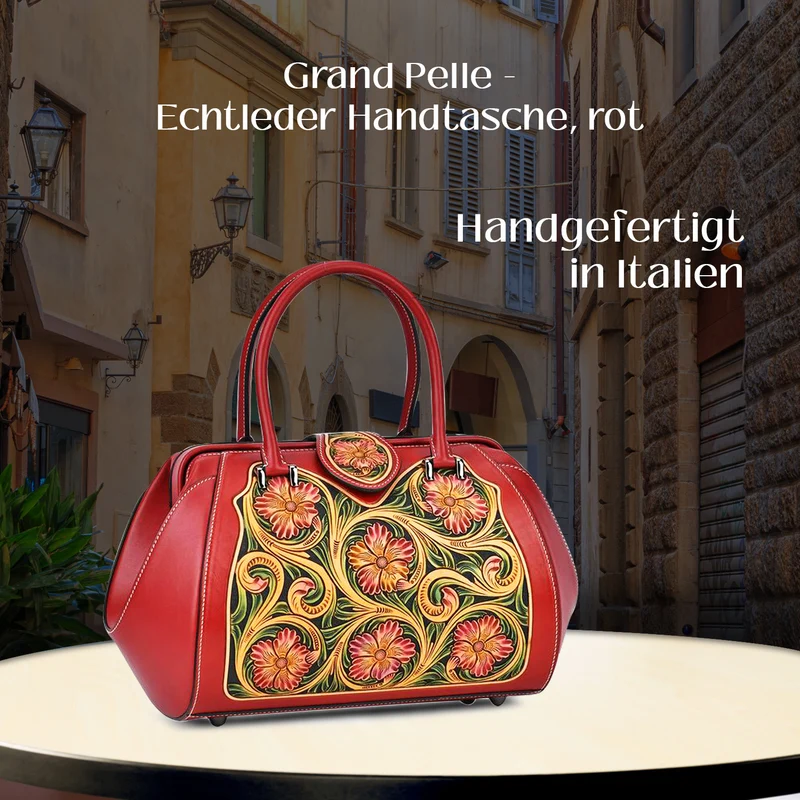 GRAND PELLE Elite Kollektion - Exklusive Handgravierte Lederhandtasche mit Floralem Meisterwerk, Größe 36 x 23 x 18 cm, grün