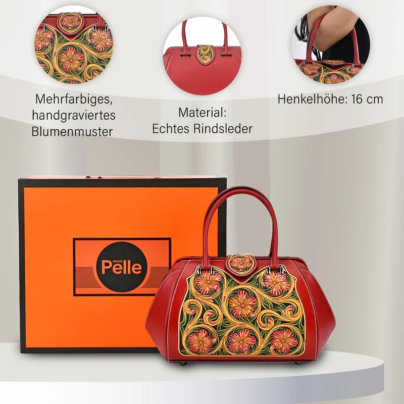 GRAND PELLE Elite Kollektion - Exklusive Handgravierte Lederhandtasche mit Floralem Meisterwerk, Größe 36 x 23 x 18 cm, grün