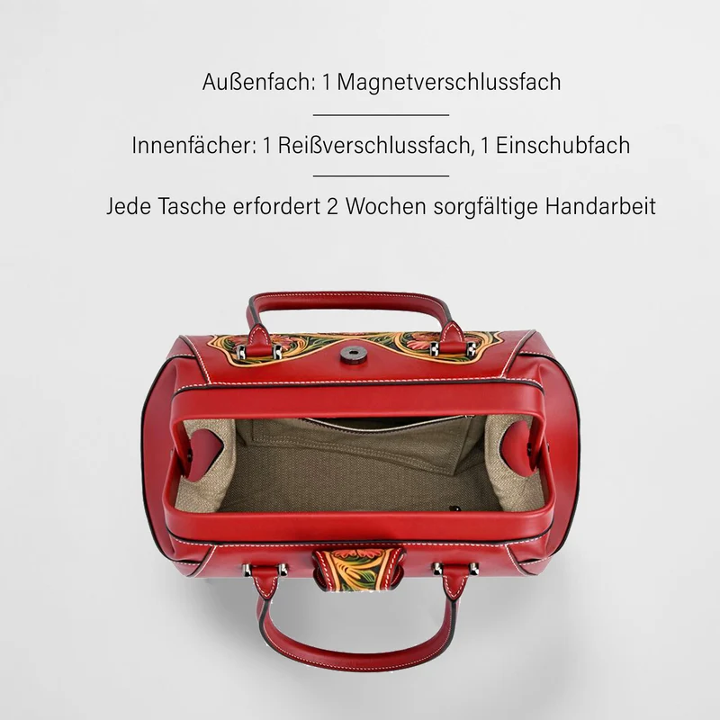 GRAND PELLE Elite Kollektion - Exklusive Handgravierte Lederhandtasche mit Floralem Meisterwerk, Größe 36 x 23 x 18 cm, grün