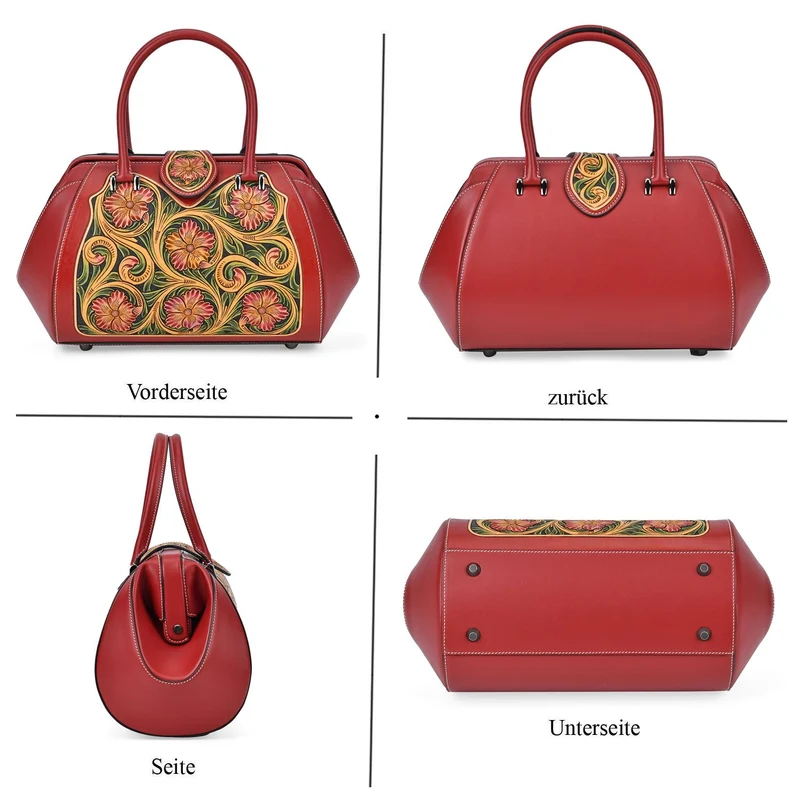 GRAND PELLE Elite Kollektion - Exklusive Handgravierte Lederhandtasche mit Floralem Meisterwerk, Größe 36 x 23 x 18 cm, grün
