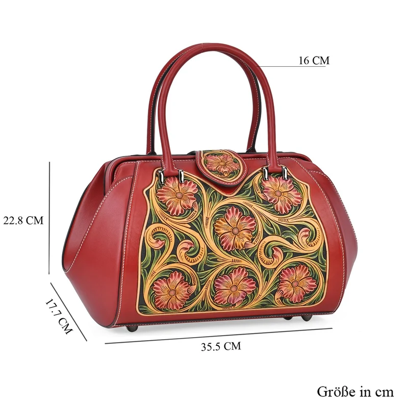 GRAND PELLE Elite Kollektion - Exklusive Handgravierte Lederhandtasche mit Floralem Meisterwerk, Größe 36 x 23 x 18 cm, grün
