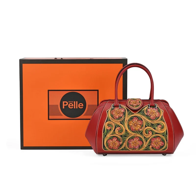 GRAND PELLE Elite Kollektion - Exklusive Handgravierte Lederhandtasche mit Floralem Meisterwerk, Größe 36 x 23 x 18 cm, grün