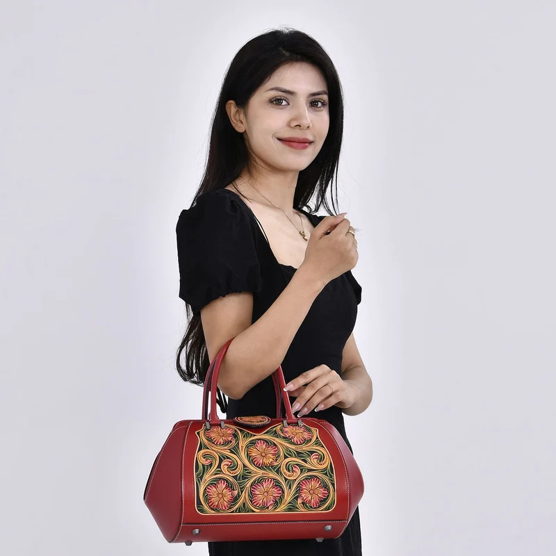 GRAND PELLE Elite Kollektion - Exklusive Handgravierte Lederhandtasche mit Floralem Meisterwerk, Größe 36 x 23 x 18 cm, grün