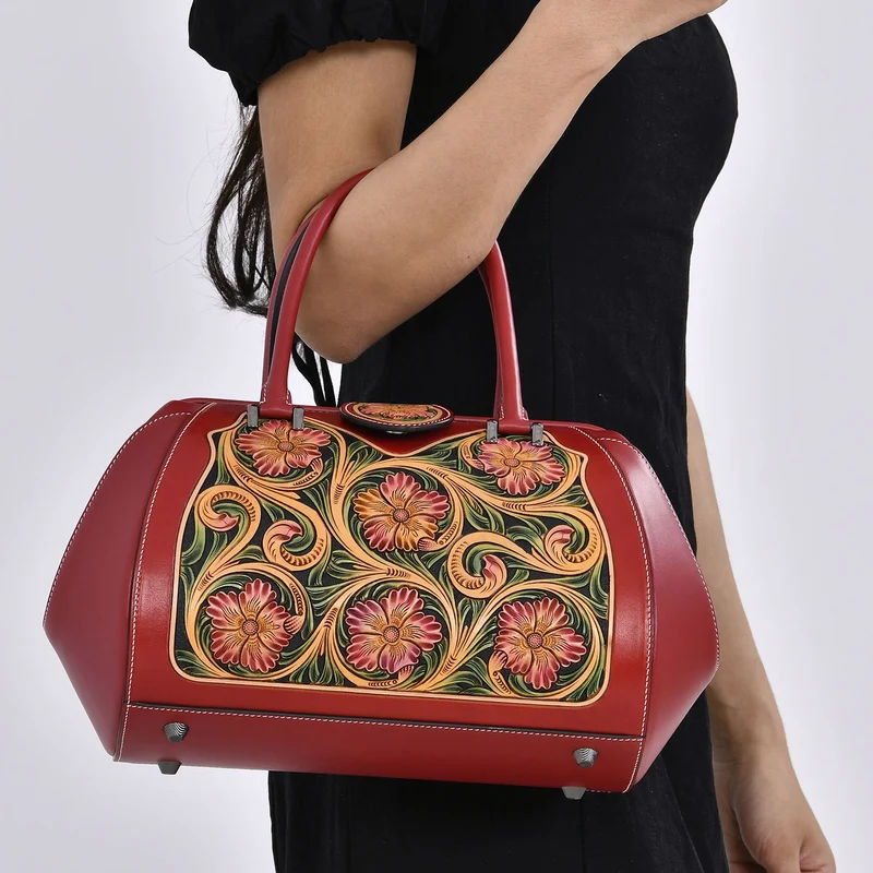 GRAND PELLE Elite Kollektion - Exklusive Handgravierte Lederhandtasche mit Floralem Meisterwerk, Größe 36 x 23 x 18 cm, grün