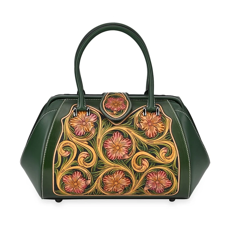GRAND PELLE Elite Kollektion - Exklusive Handgravierte Lederhandtasche mit Floralem Meisterwerk, Größe 36 x 23 x 18 cm, grün