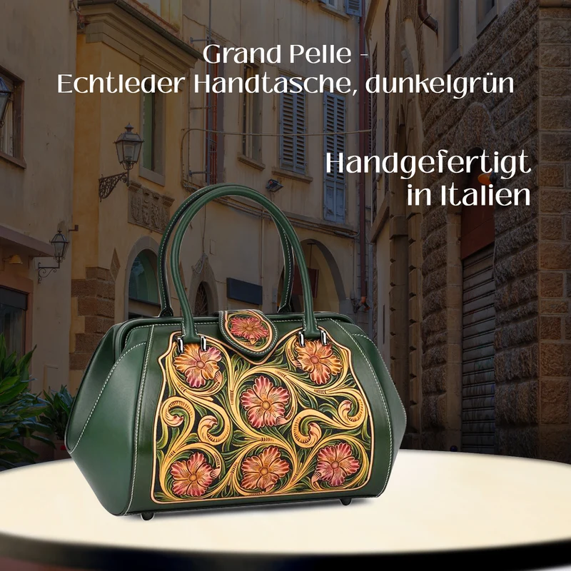 GRAND PELLE Elite Kollektion - Exklusive Handgravierte Lederhandtasche mit Floralem Meisterwerk, Größe 36 x 23 x 18 cm, grün
