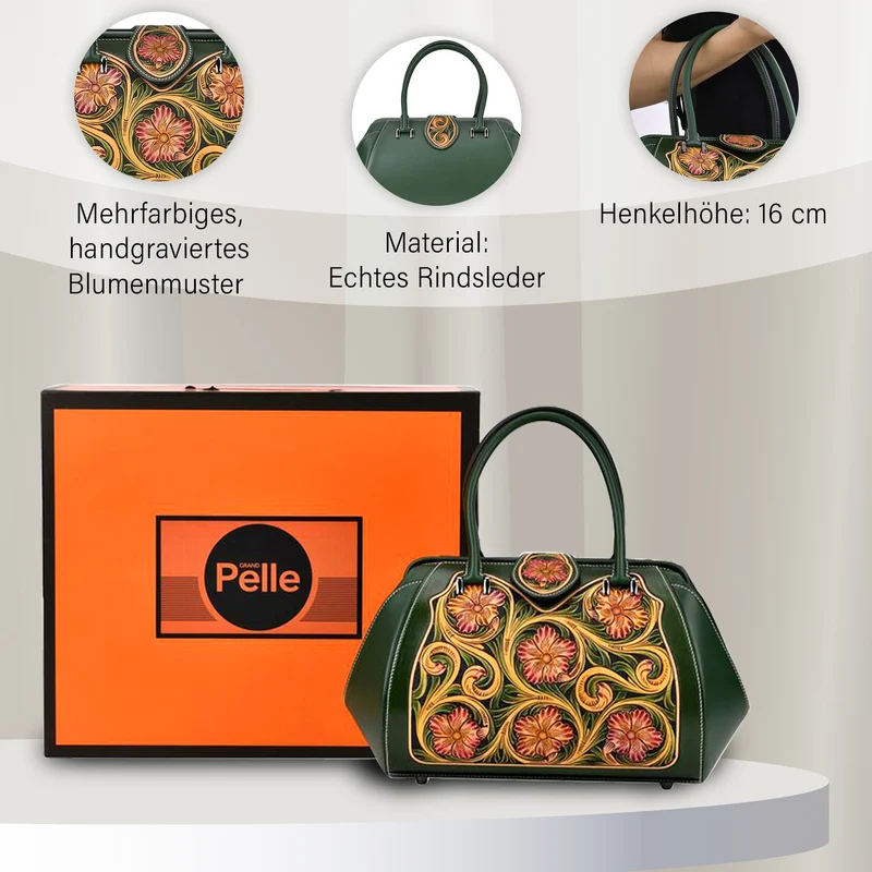 GRAND PELLE Elite Kollektion - Exklusive Handgravierte Lederhandtasche mit Floralem Meisterwerk, Größe 36 x 23 x 18 cm, grün