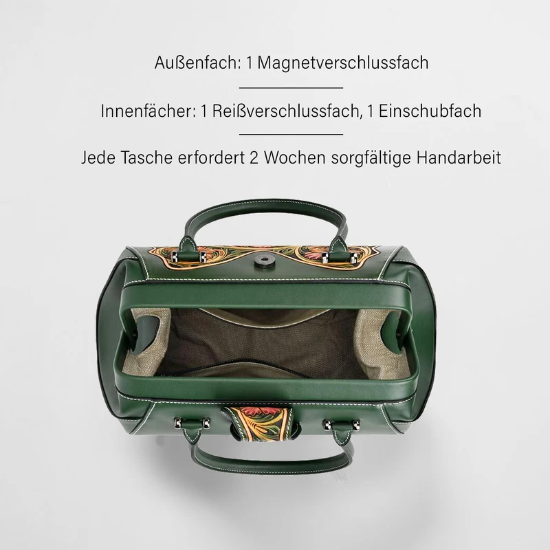 GRAND PELLE Elite Kollektion - Exklusive Handgravierte Lederhandtasche mit Floralem Meisterwerk, Größe 36 x 23 x 18 cm, grün
