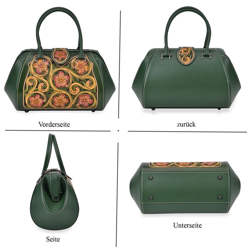 GRAND PELLE Elite Kollektion - Exklusive Handgravierte Lederhandtasche mit Floralem Meisterwerk, Größe 36 x 23 x 18 cm, grün