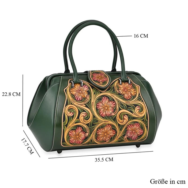 GRAND PELLE Elite Kollektion - Exklusive Handgravierte Lederhandtasche mit Floralem Meisterwerk, Größe 36 x 23 x 18 cm, grün