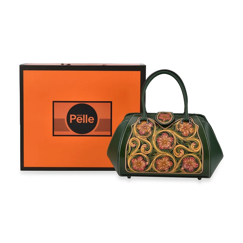 GRAND PELLE Elite Kollektion - Exklusive Handgravierte Lederhandtasche mit Floralem Meisterwerk, Größe 36 x 23 x 18 cm, grün