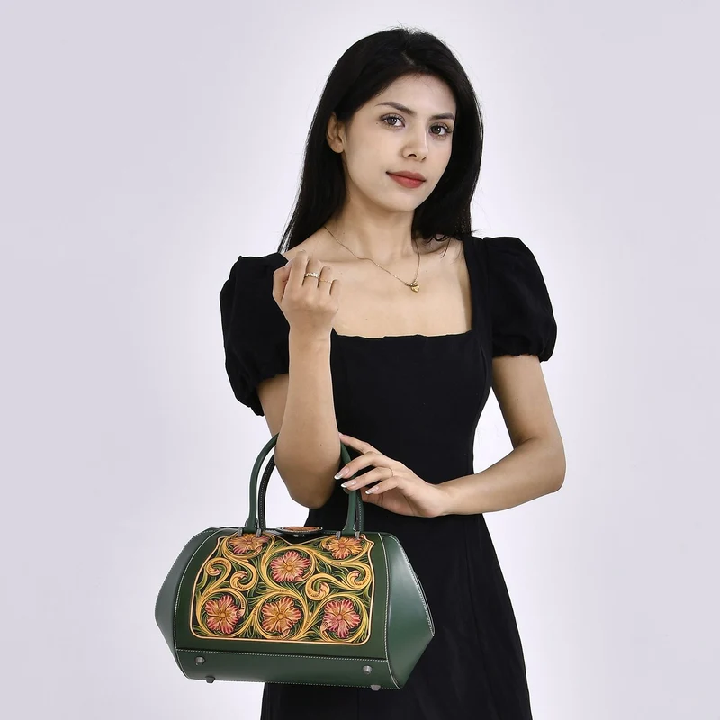 GRAND PELLE Elite Kollektion - Exklusive Handgravierte Lederhandtasche mit Floralem Meisterwerk, Größe 36 x 23 x 18 cm, grün
