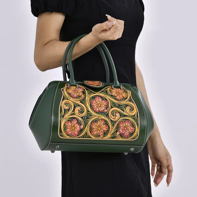 GRAND PELLE Elite Kollektion - Exklusive Handgravierte Lederhandtasche mit Floralem Meisterwerk, Größe 36 x 23 x 18 cm, grün