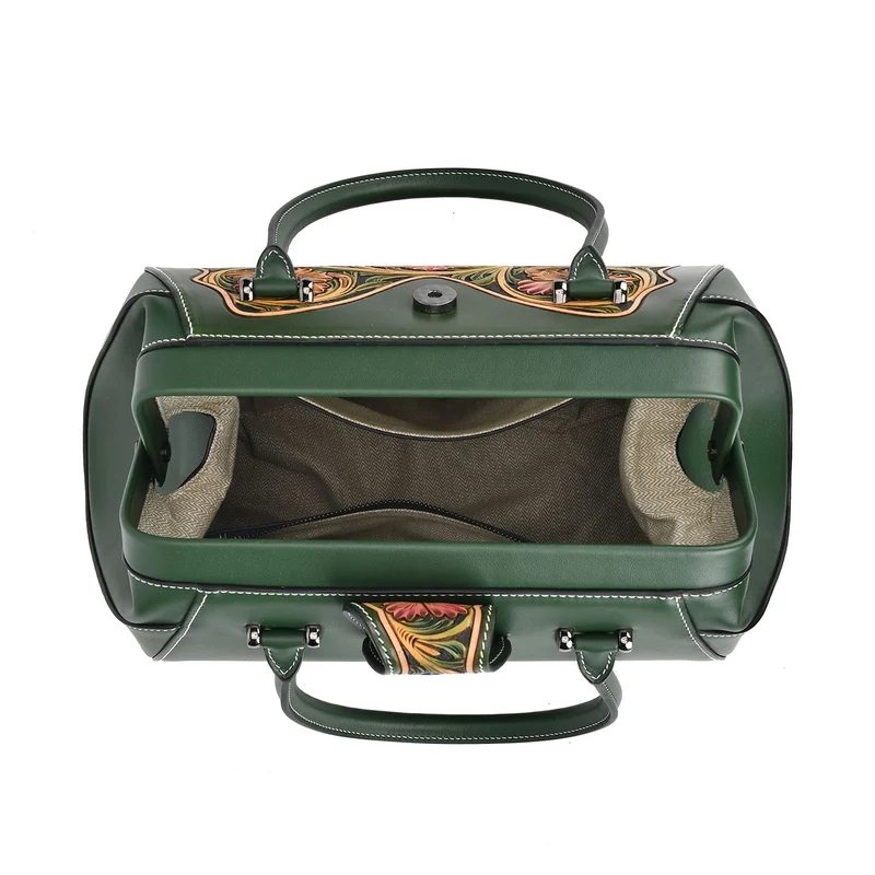 GRAND PELLE Elite Kollektion - Exklusive Handgravierte Lederhandtasche mit Floralem Meisterwerk, Größe 36 x 23 x 18 cm, grün