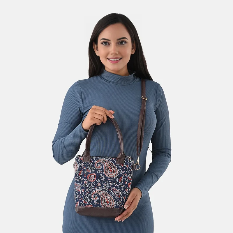 Crossbody Baumwolle, Blockprint, 25.4 x 23 cm, Blau