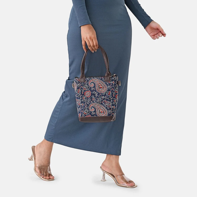 Crossbody Baumwolle, Blockprint, 25.4 x 23 cm, Blau