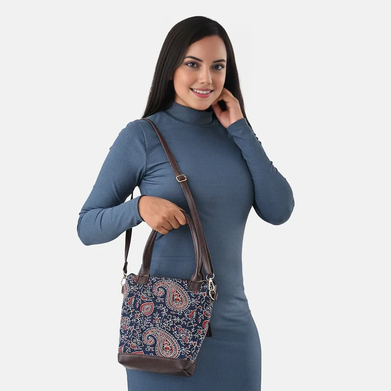 Crossbody Baumwolle, Blockprint, 25.4 x 23 cm, Blau