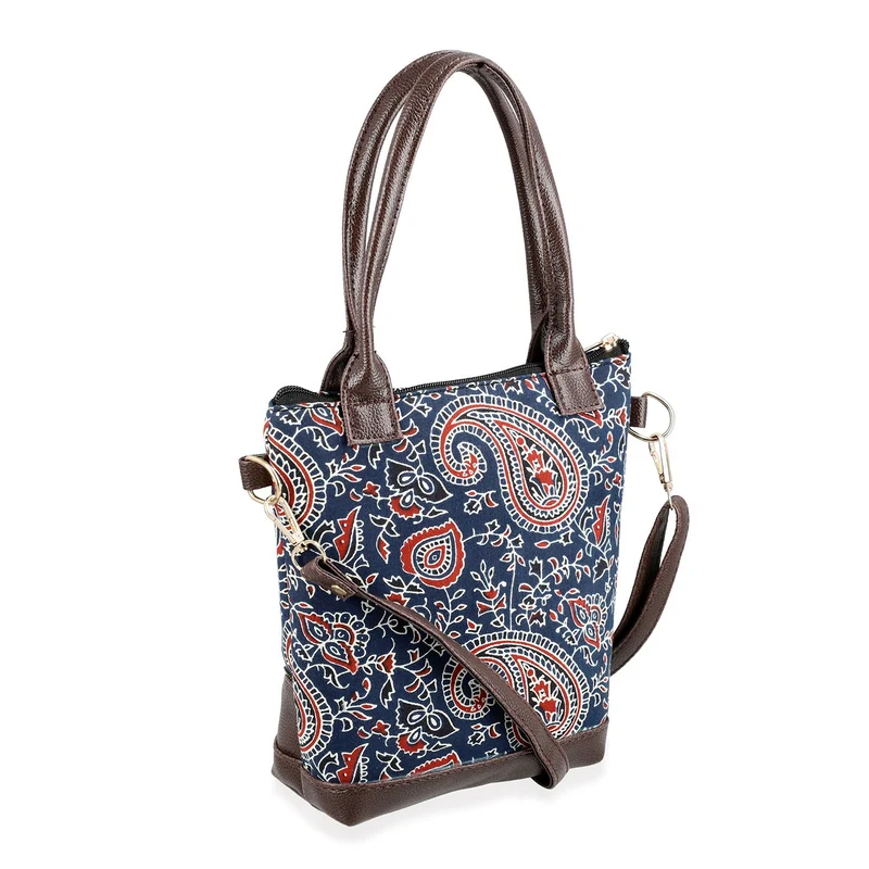 Crossbody Baumwolle, Blockprint, 25.4 x 23 cm, Blau