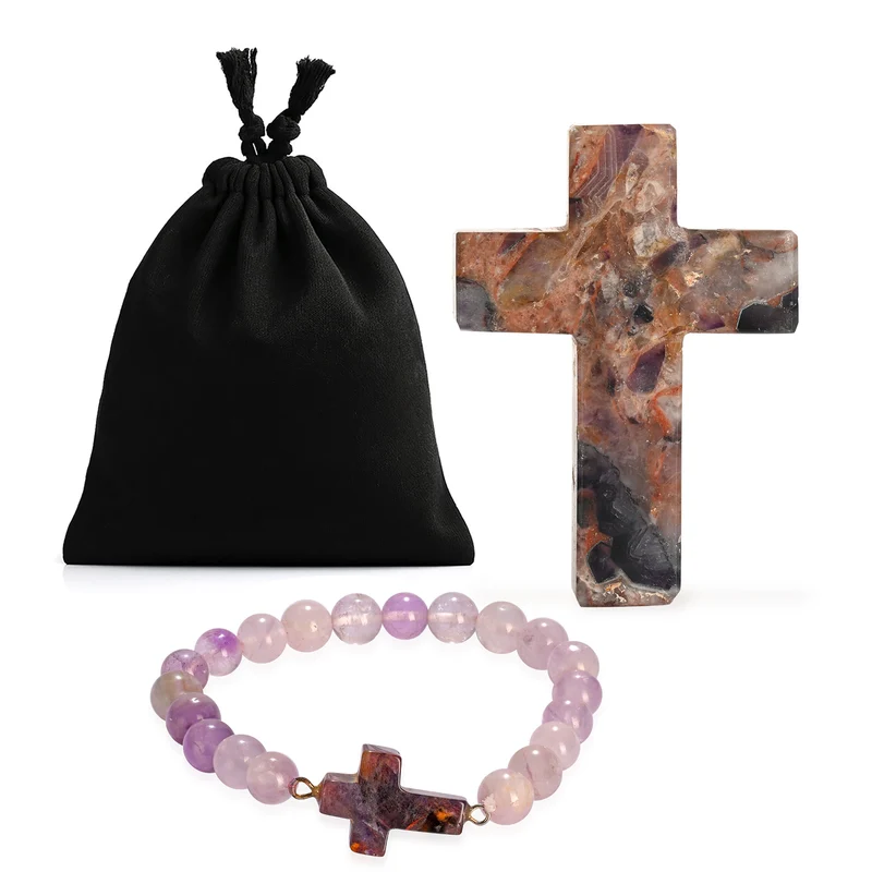 LIVMORE Amethyst Edelstein Kreuz mit Armband und Kreuz Anhänger, 7,62 cm, Lila