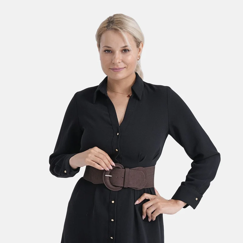 Elastischer Taillengürtel mit runder Schnalle, One Size, Braun