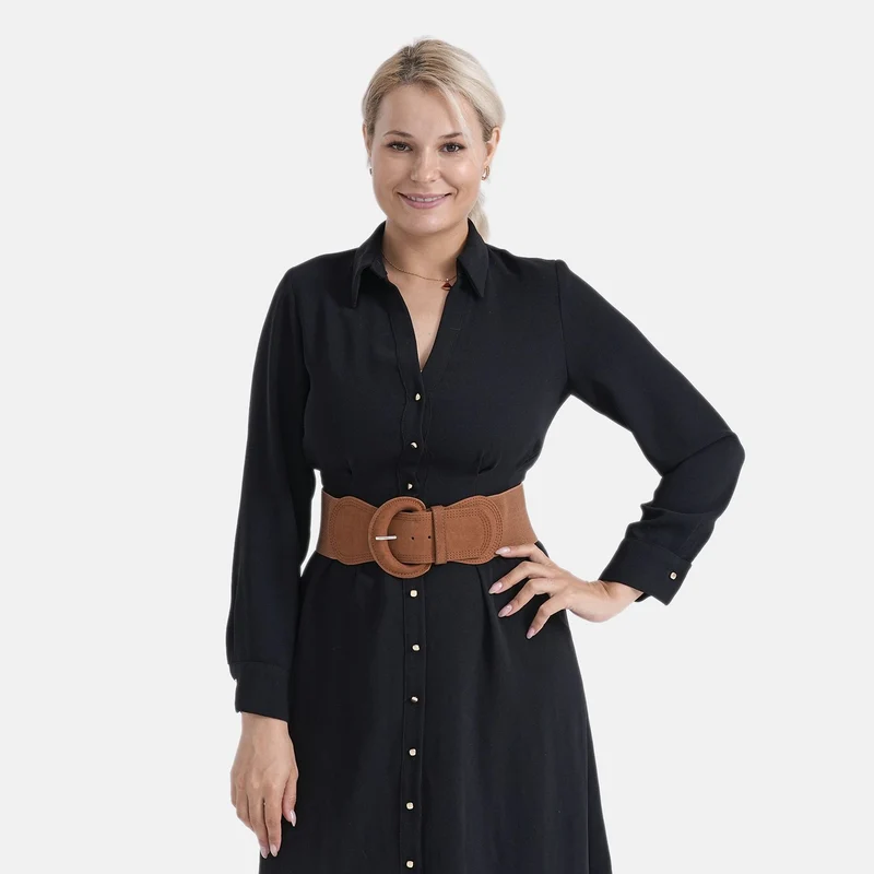 Elastischer Taillengürtel mit runder Schnalle, One Size, Braun