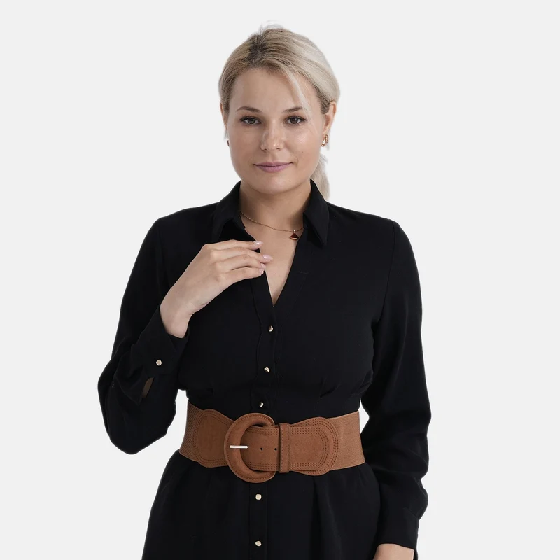 Elastischer Taillengürtel mit runder Schnalle, One Size, Braun