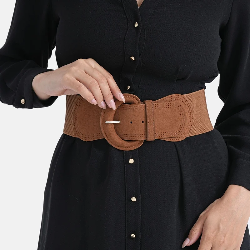 Elastischer Taillengürtel mit runder Schnalle, One Size, Braun