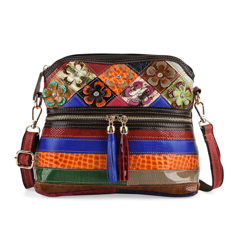 CHAOS BY ELSIE Leder Crossbody Tasche mit RFID Schutz und Reißverschlussfächern 19 x 11 x 20 cm Multicolor Rautenmuster