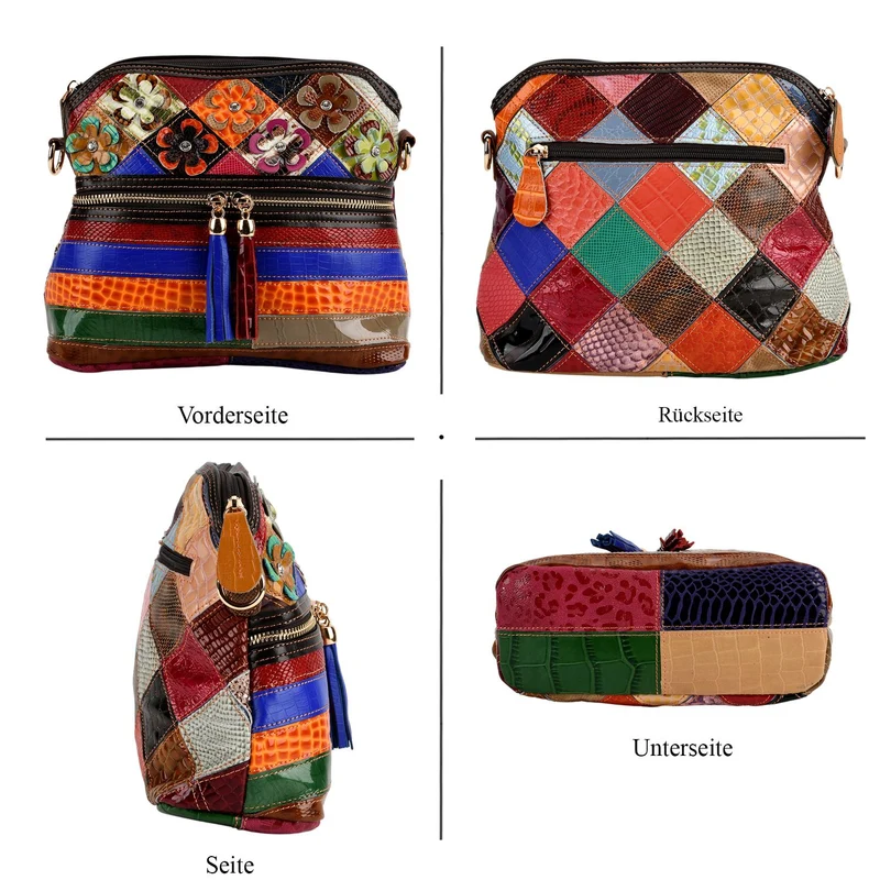 CHAOS BY ELSIE Leder Crossbody Tasche mit RFID Schutz und Reißverschlussfächern 19 x 11 x 20 cm Multicolor Rautenmuster