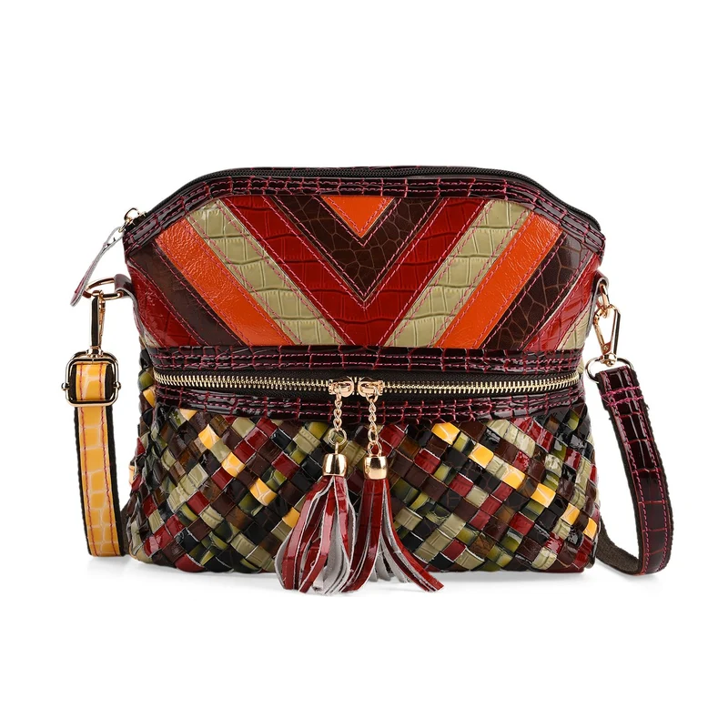 CHAOS BY ELSIE Leder Crossbody Tasche mit RFID Schutz und Reißverschlussfächern 19 x 11 x 20 cm Multicolor Rautenmuster
