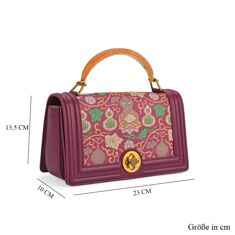 LA MAREY Signature Brokat Umhängetasche mit Drehverschluss, Seide und Echtleder, 23 x 10 x 13.5 cm, Braun
