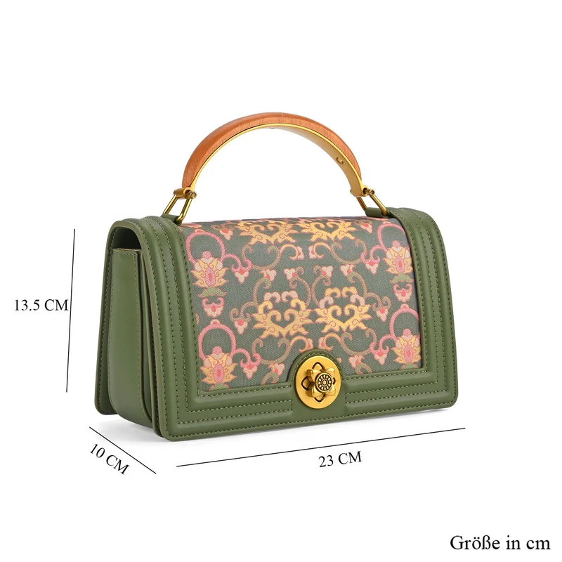 LA MAREY Signature Brokat Umhängetasche mit Drehverschluss, Seide und Echtleder, 23 x 10 x 13.5 cm, Braun