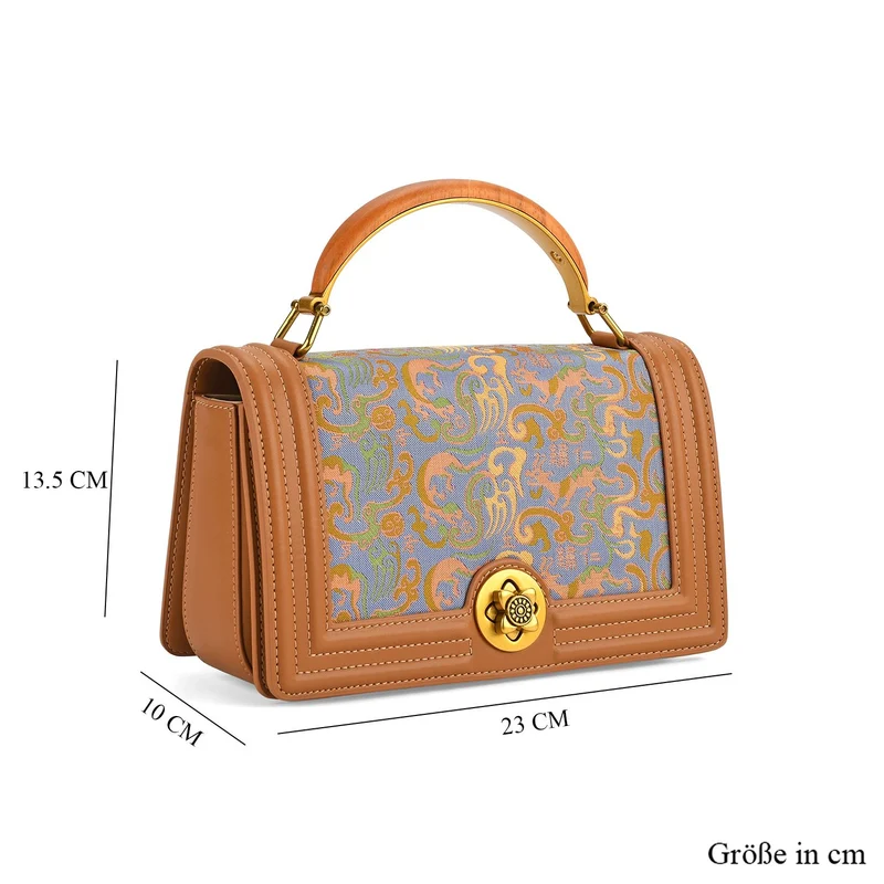 LA MAREY Signature Brokat Umhängetasche mit Drehverschluss, Seide und Echtleder, 23 x 10 x 13.5 cm, Braun