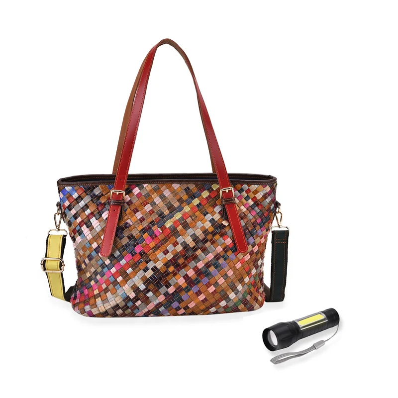 Chaos by Elsie - Multifunktionale Crossbody- und Schultertasche aus echtem Leder, Multicolor mit gewebtem Muster, RFID-Schutz und Mini-Taschenlampe, ca. 35x14x27cm