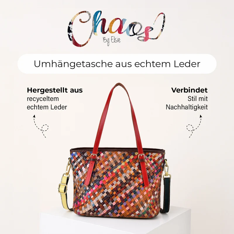 Chaos by Elsie - Multifunktionale Crossbody- und Schultertasche aus echtem Leder, Multicolor mit gewebtem Muster, RFID-Schutz und Mini-Taschenlampe, ca. 35x14x27cm