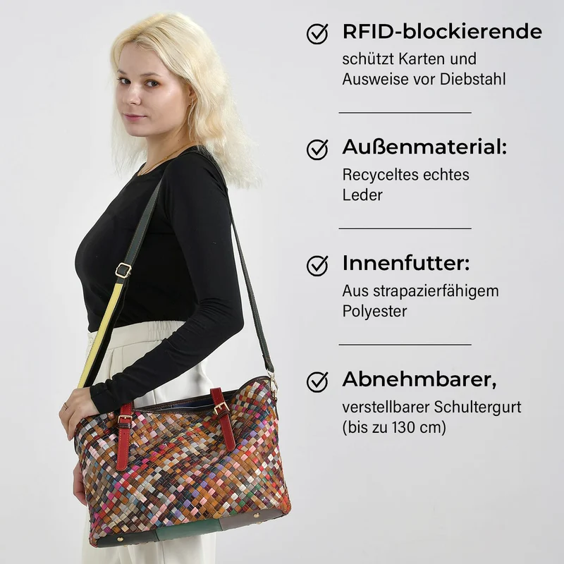 Chaos by Elsie - Multifunktionale Crossbody- und Schultertasche aus echtem Leder, Multicolor mit gewebtem Muster, RFID-Schutz und Mini-Taschenlampe, ca. 35x14x27cm