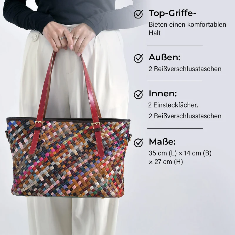Chaos by Elsie - Multifunktionale Crossbody- und Schultertasche aus echtem Leder, Multicolor mit gewebtem Muster, RFID-Schutz und Mini-Taschenlampe, ca. 35x14x27cm