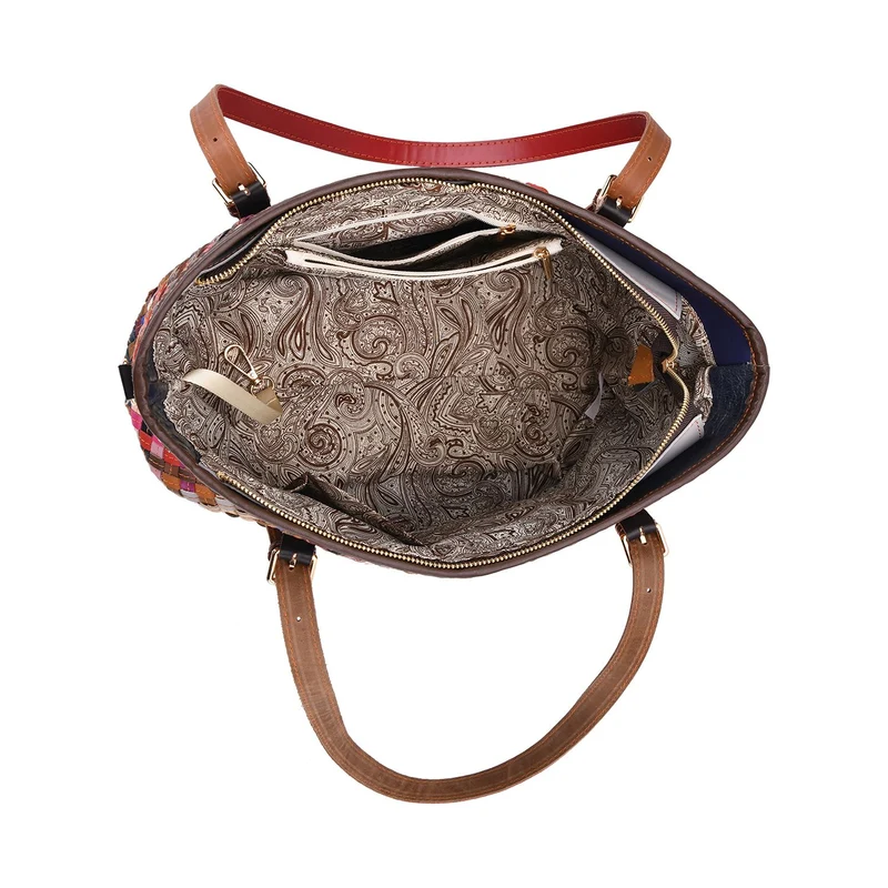 Chaos by Elsie - Multifunktionale Crossbody- und Schultertasche aus echtem Leder, Multicolor mit gewebtem Muster, RFID-Schutz und Mini-Taschenlampe, ca. 35x14x27cm