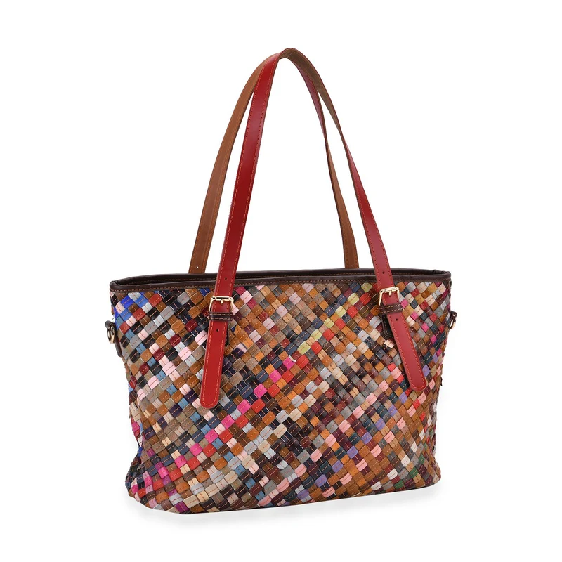 Chaos by Elsie - Multifunktionale Crossbody- und Schultertasche aus echtem Leder, Multicolor mit gewebtem Muster, RFID-Schutz und Mini-Taschenlampe, ca. 35x14x27cm