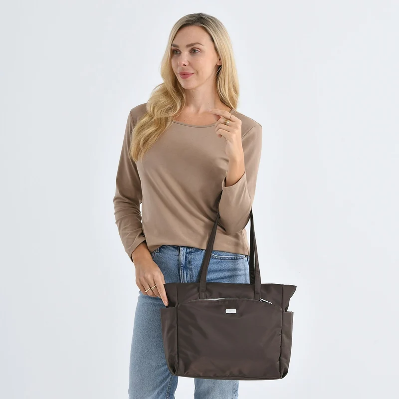 Elegante Signature Handtasche, edles Nylon Design mit 3 Reißverschluss Taschen und 2 offenen Außentaschen, ca. 30 x 30 x 10 cm, Gold