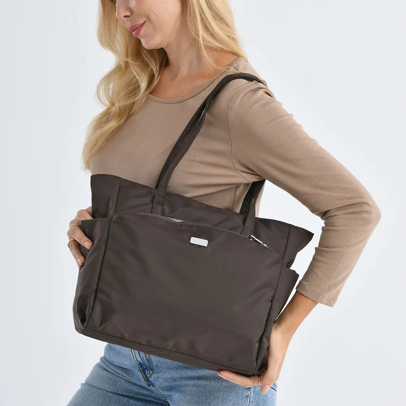 Elegante Signature Handtasche, edles Nylon Design mit 3 Reißverschluss Taschen und 2 offenen Außentaschen, ca. 30 x 30 x 10 cm, Gold