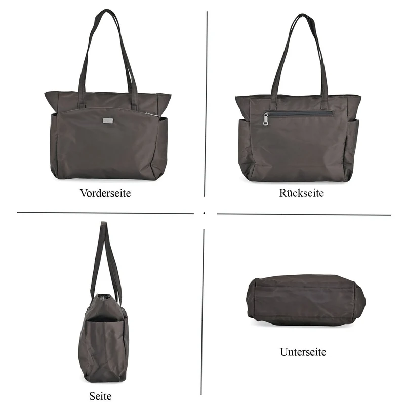 Elegante Signature Handtasche, edles Nylon Design mit 3 Reißverschluss Taschen und 2 offenen Außentaschen, ca. 30 x 30 x 10 cm, Gold