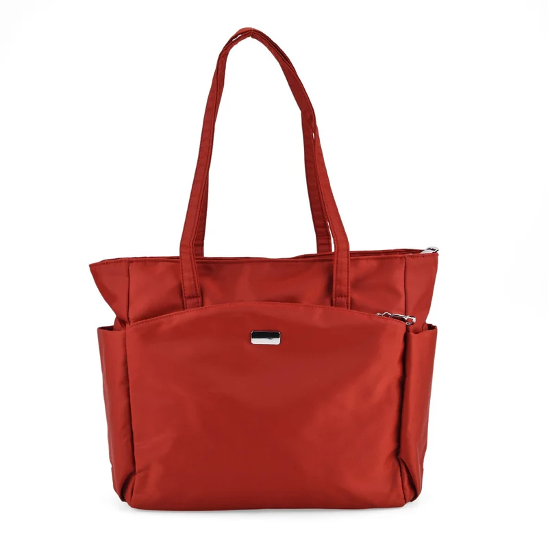 Elegante Signature Handtasche, edles Nylon Design mit 3 Reißverschluss Taschen und 2 offenen Außentaschen, ca. 30 x 30 x 10 cm, Gold