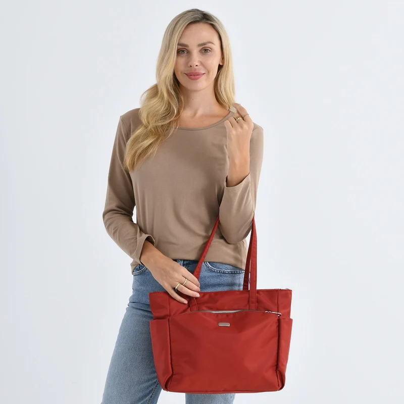 Elegante Signature Handtasche, edles Nylon Design mit 3 Reißverschluss Taschen und 2 offenen Außentaschen, ca. 30 x 30 x 10 cm, Gold